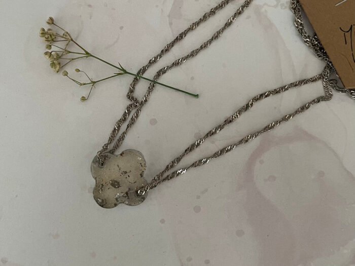 Necklace- Misa Flora Resin Pendant- Transparent Silver 4 Petals - Image 3