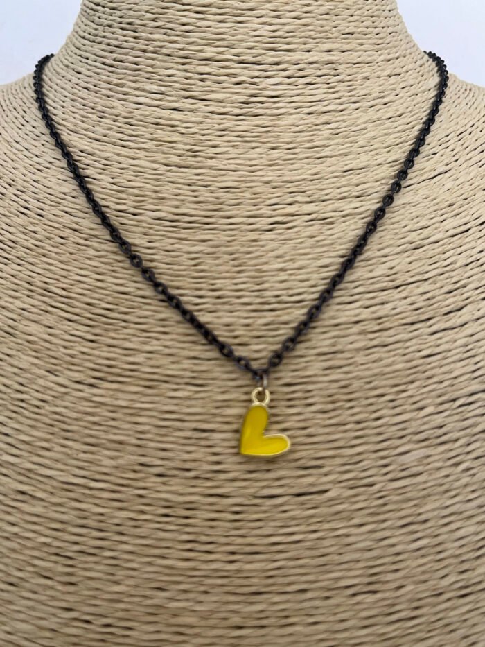 Necklace- Misa Groovy Heart Gold Enamel Pendant- Yellow with Black Link Chain