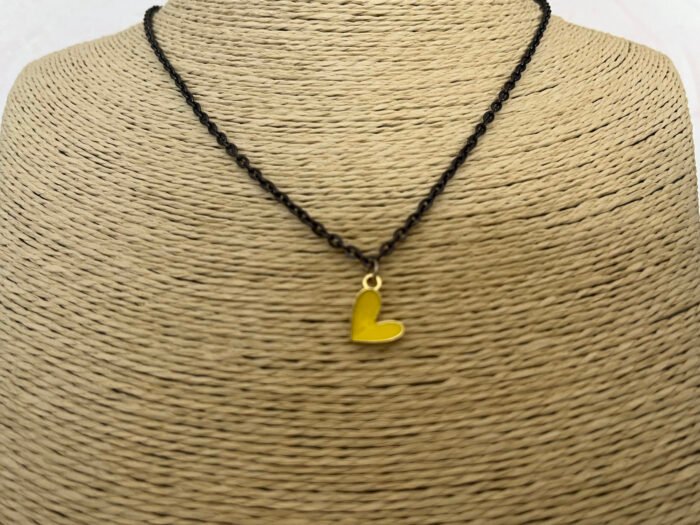 Necklace- Misa Groovy Heart Gold Enamel Pendant- Yellow with Black Link Chain - Image 3