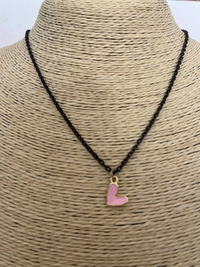 Necklace- Misa Groovy Heart Gold Enamel Pendant- Pink with Black Link Chain