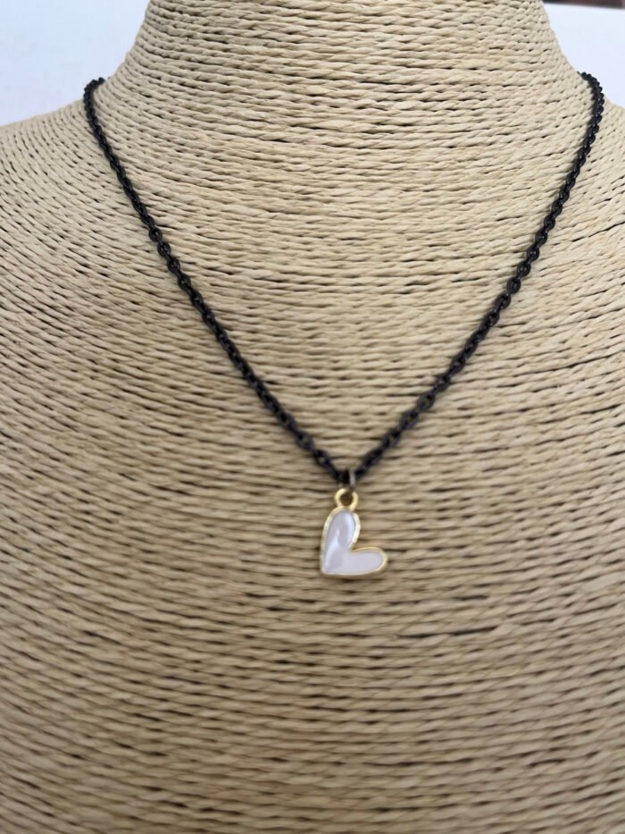 Necklace- Misa Groovy Heart Gold Enamel Pendant- White with Black Link Chain