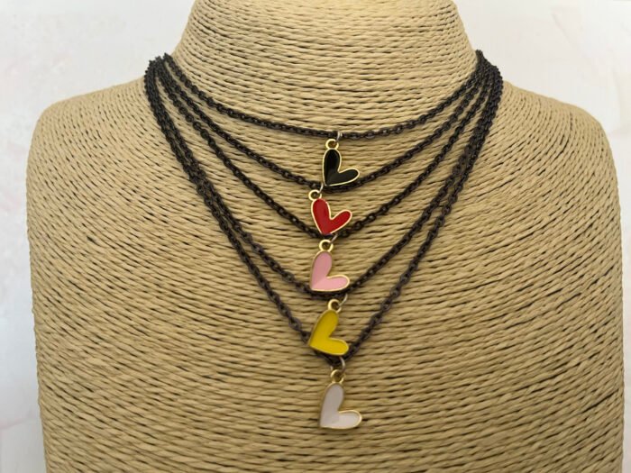 Necklace- Misa Groovy Heart Gold Enamel Pendant- Pink with Black Link Chain - Image 3