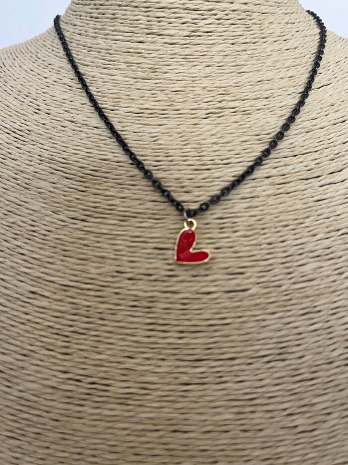 Necklace- Misa Groovy Heart Gold Enamel Pendant- Red with Black Link Chain