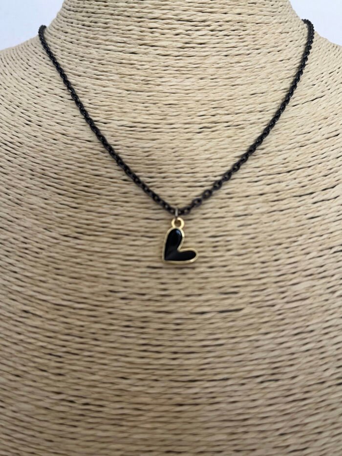 Necklace- Misa Groovy Heart Gold Enamel Pendant- Black with Black Link Chain