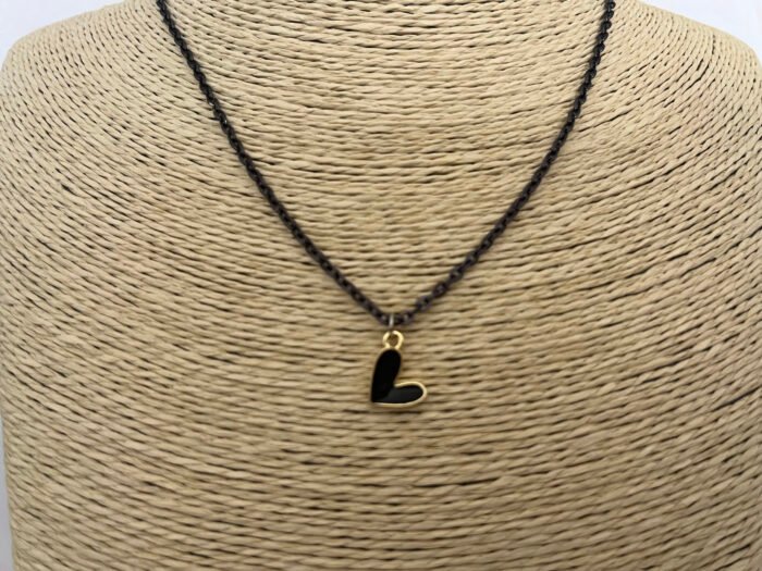 Necklace- Misa Groovy Heart Gold Enamel Pendant- Black with Black Link Chain - Image 3