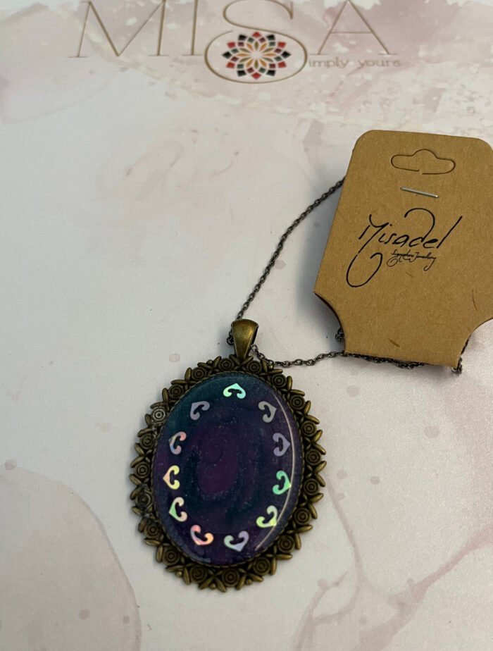 Necklace- Misa Achillea Pendant with Antique Link Chain- Purplish blue, Holographic design - Image 2