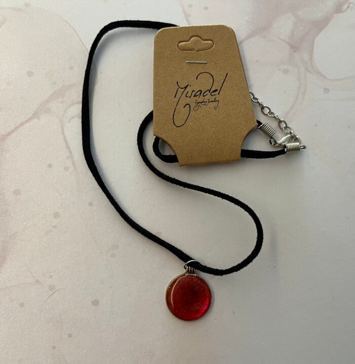 Necklace- Misa Allium Pendant with Black Leather Cord Chain- Shimmer Red