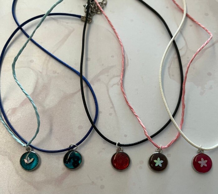 Necklace- Misa Allium Pendant with White Cord Chain- Red, Holographic design - Image 2