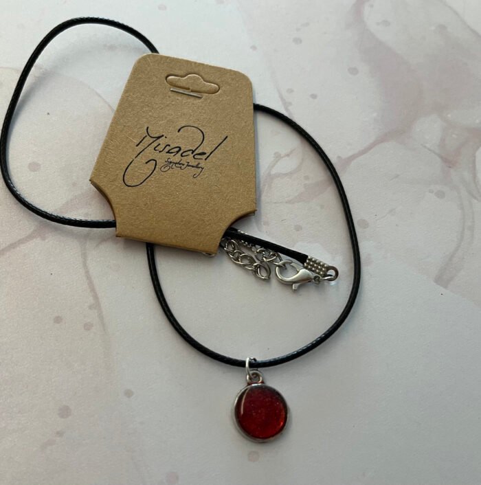 Necklace- Misa Allium Pendant with Black Cord Chain- Red &  Silver