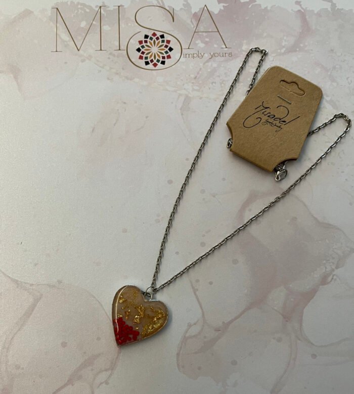 Necklace- Misa Groovy Heart Pendant with Silver Cable Chain- Champagne Pink &  Gold base, Red beads