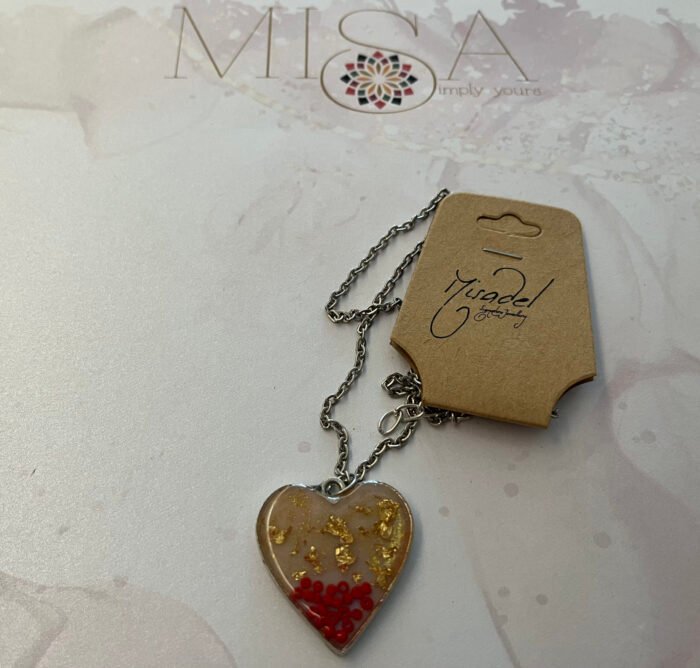 Necklace- Misa Groovy Heart Pendant with Silver Cable Chain- Champagne Pink &  Gold base, Red beads - Image 2