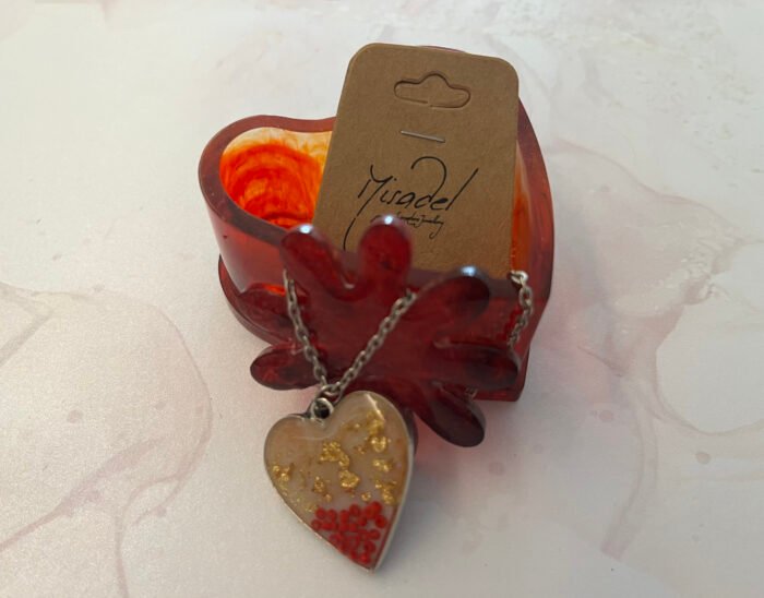 Necklace- Misa Groovy Heart Pendant with Silver Cable Chain- Champagne Pink &  Gold base, Red beads - Image 3
