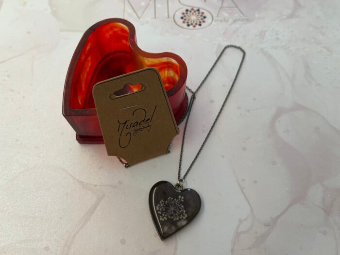 Necklace- Misa Groovy Heart Pendant with Oxidised Silver Link Chain- Grape Purple, Mauve flower