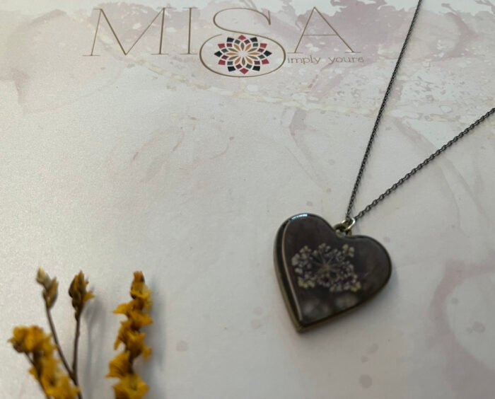 Necklace- Misa Groovy Heart Pendant with Oxidised Silver Link Chain- Grape Purple, Mauve flower - Image 2