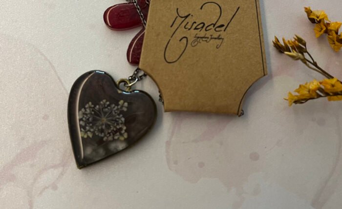 Necklace- Misa Groovy Heart Pendant with Oxidised Silver Link Chain- Grape Purple, Mauve flower - Image 3