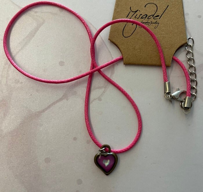 Necklace- Misa Groovy Heart Pendant with Pink Cord Chain- Pink Purple base, Holographic heart