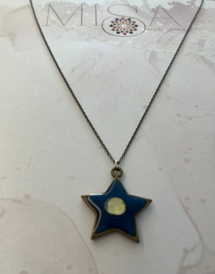 Necklace- Misa Night Star Pendant with Oxidised Fancy Chain- Midnight Blue with mirror
