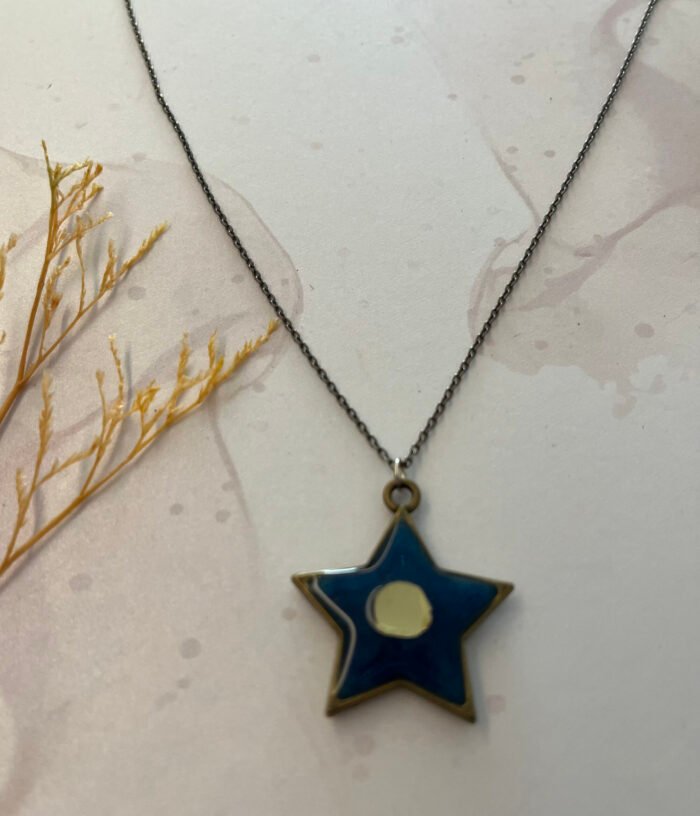 Necklace- Misa Night Star Pendant with Oxidised Fancy Chain- Midnight Blue with mirror - Image 2