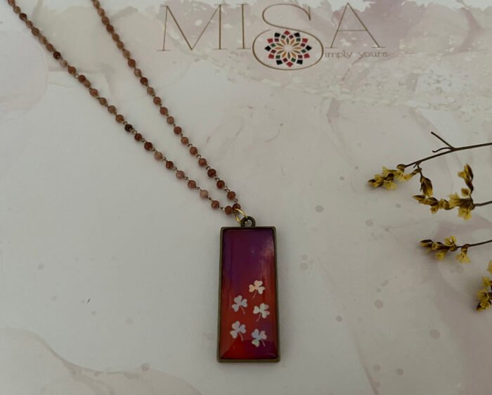 Necklace- Misa Emerald Pendant with Baby Pink Beaded Chain- Plush Orange Pink, Holographic design