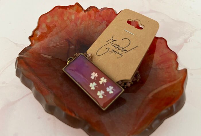 Necklace- Misa Emerald Pendant with Baby Pink Beaded Chain- Plush Orange Pink, Holographic design - Image 2