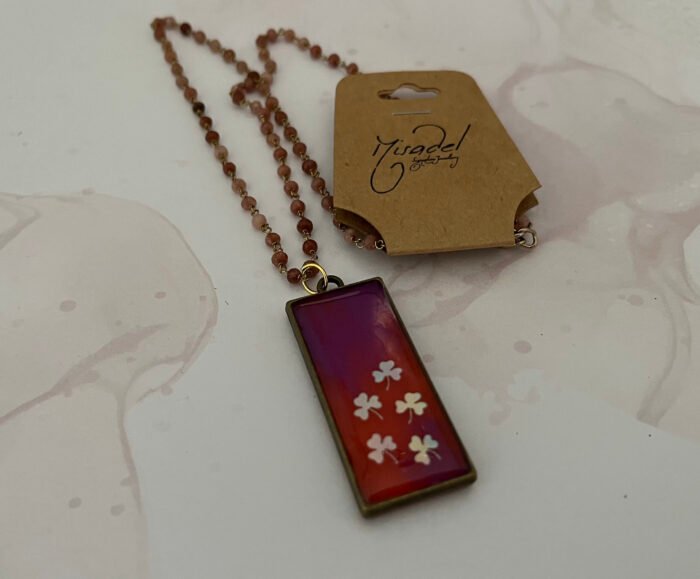 Necklace- Misa Emerald Pendant with Baby Pink Beaded Chain- Plush Orange Pink, Holographic design - Image 3