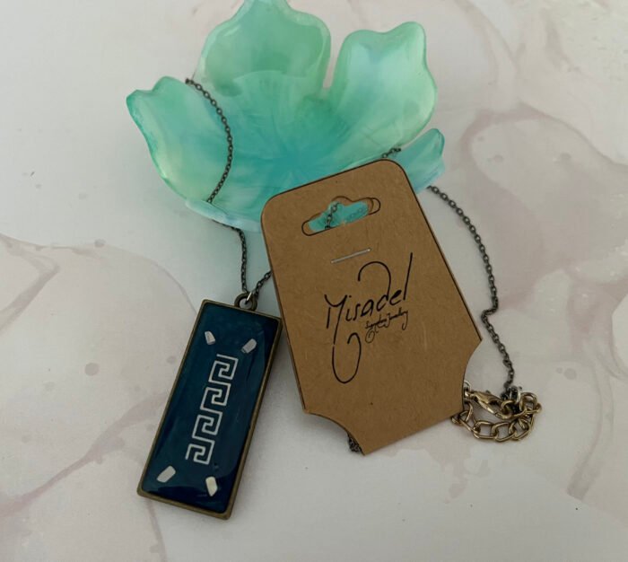 Necklace- Misa Emerald Pendant with Oxidised Silver Link Chain- Midnight Blue, Holographic design - Image 3