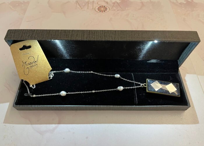 Necklace- Misa Emerald Pendant with Silver Pearl Chain- Black base, Mirror
