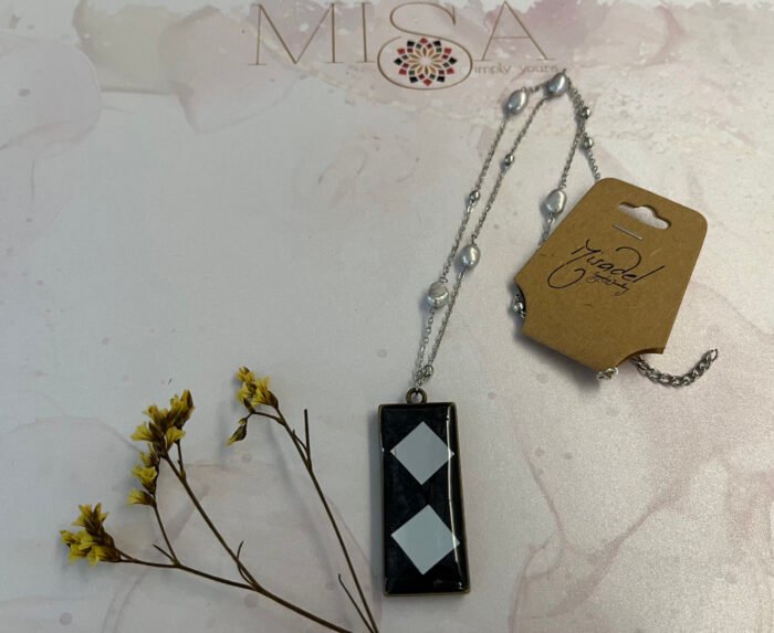Necklace- Misa Emerald Pendant with Silver Pearl Chain- Black base, Mirror - Image 3