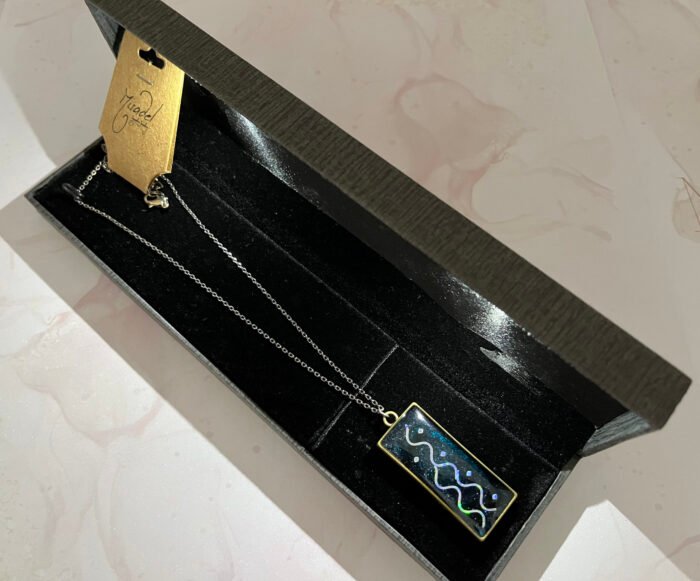 Necklace- Misa Emerald Pendant with Oxidised Silver Link Chain- Blue, Holographic design - Image 2