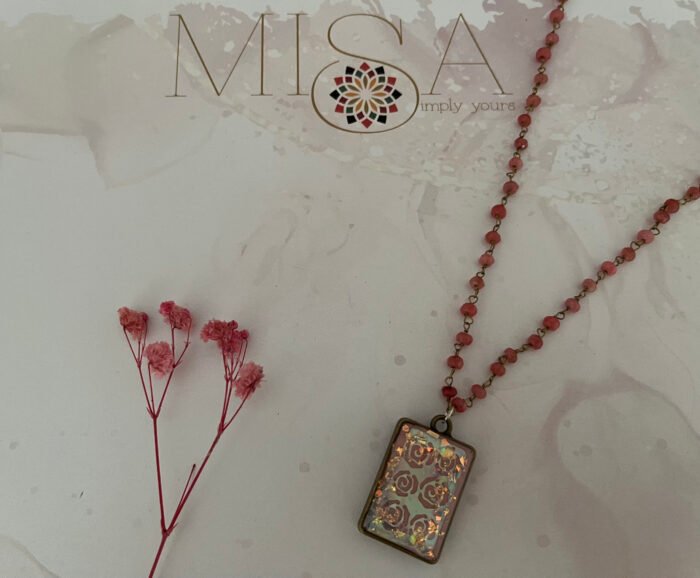 Necklace- Misa Emerald Pendant with Pink Beaded Chain- Blush Pink base, Holographic Rose design