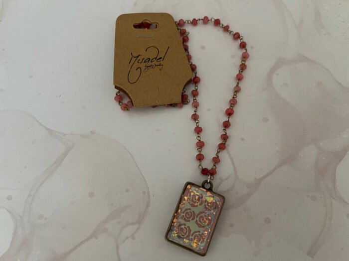 Necklace- Misa Emerald Pendant with Pink Beaded Chain- Blush Pink base, Holographic Rose design - Image 2
