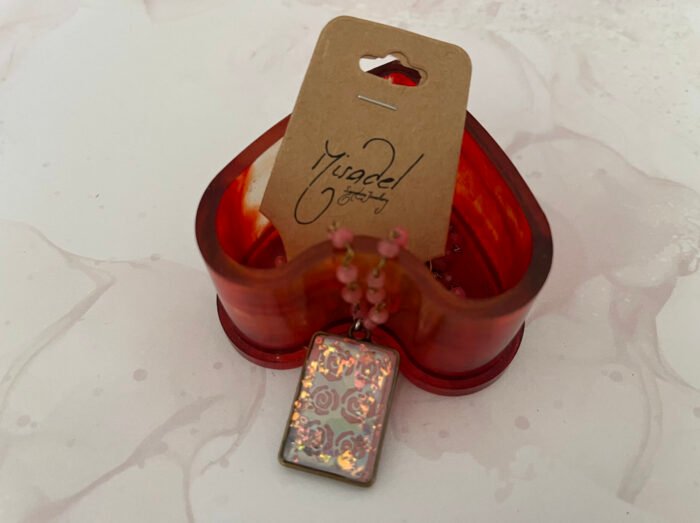 Necklace- Misa Emerald Pendant with Pink Beaded Chain- Blush Pink base, Holographic Rose design - Image 3
