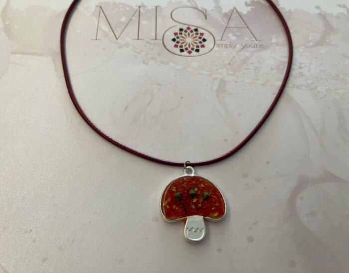 Necklace- Misa Mushroom Pendant with Maroon Cord Chain- Red beads, Dried Natural  flowers