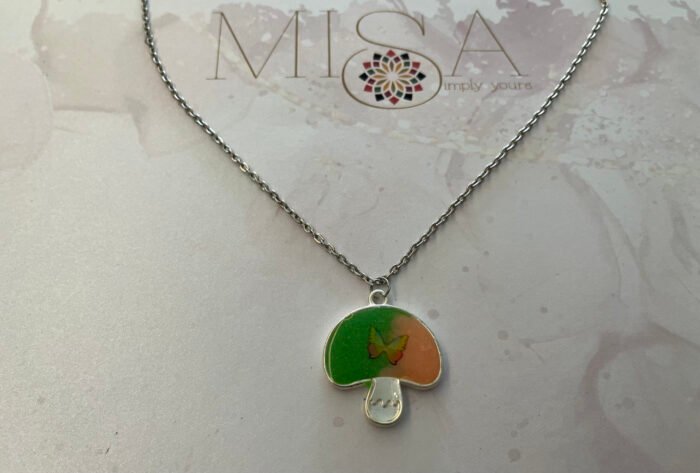 Necklace- Misa Mushroom Pendant with Silver Cable Chain- Green & Pink base, Butterfly