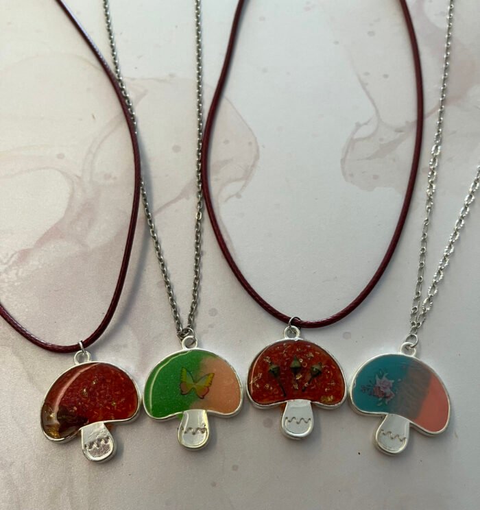 Necklace- Misa Mushroom Pendant with Fancy Silver Chain- Blue & Pink base, Pink flower - Image 2