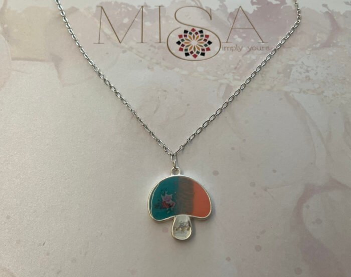 Necklace- Misa Mushroom Pendant with Fancy Silver Chain- Blue & Pink base, Pink flower
