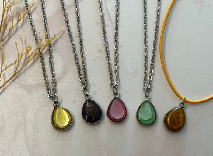 Necklace- Misa Droplet Pendant with Orange Cord Chain- Fire Yellow, Beads - Image 2