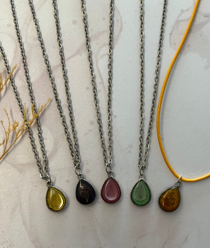 Necklace- Misa Droplet Pendant with Orange Cord Chain- Fire Yellow, Beads - Image 3