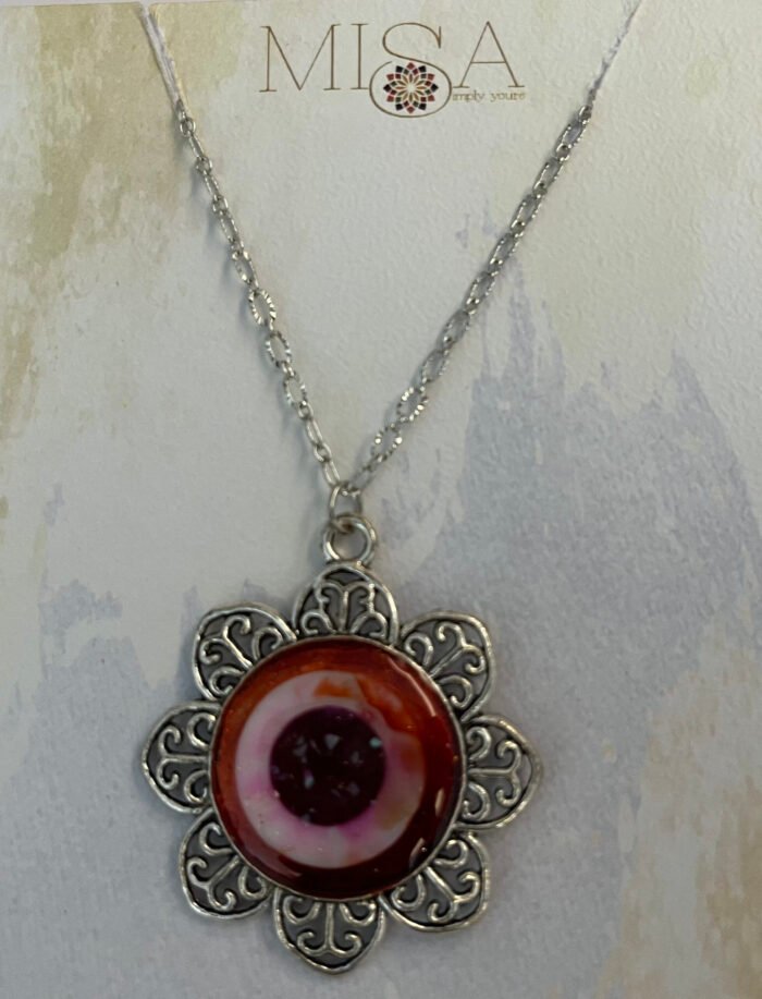 Necklace- Misa Flora Pendant with Fancy Silver Chain- Orange sparkle, Mother of Pearl ring - Image 3