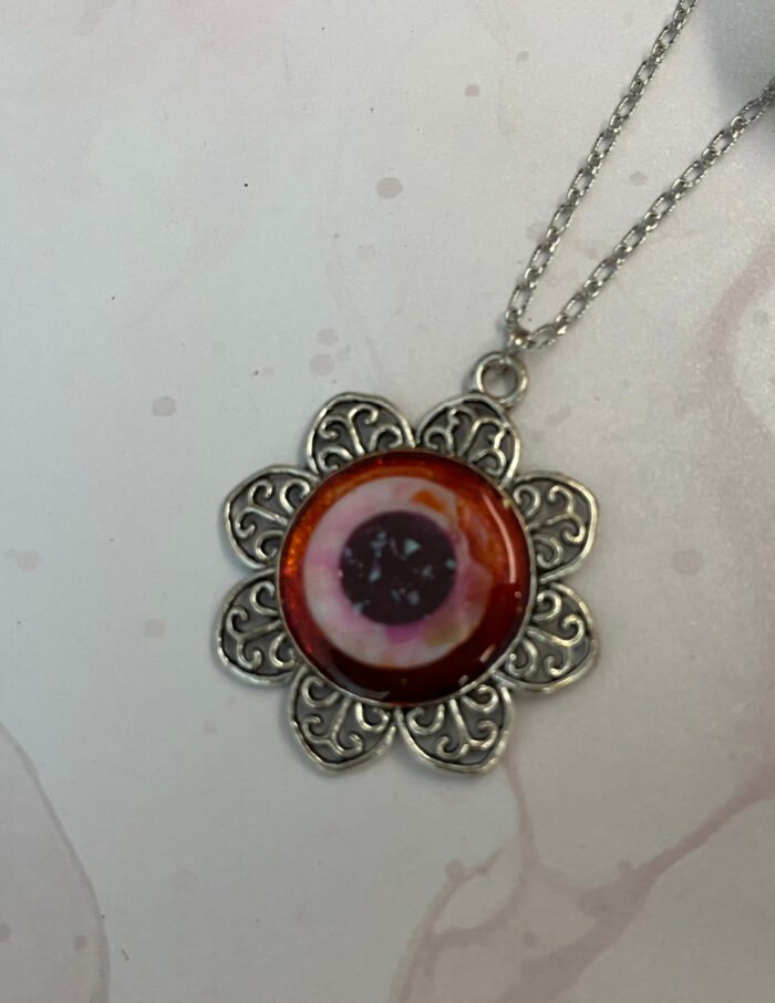 Necklace- Misa Flora Pendant with Fancy Silver Chain- Orange sparkle, Mother of Pearl ring - Image 4