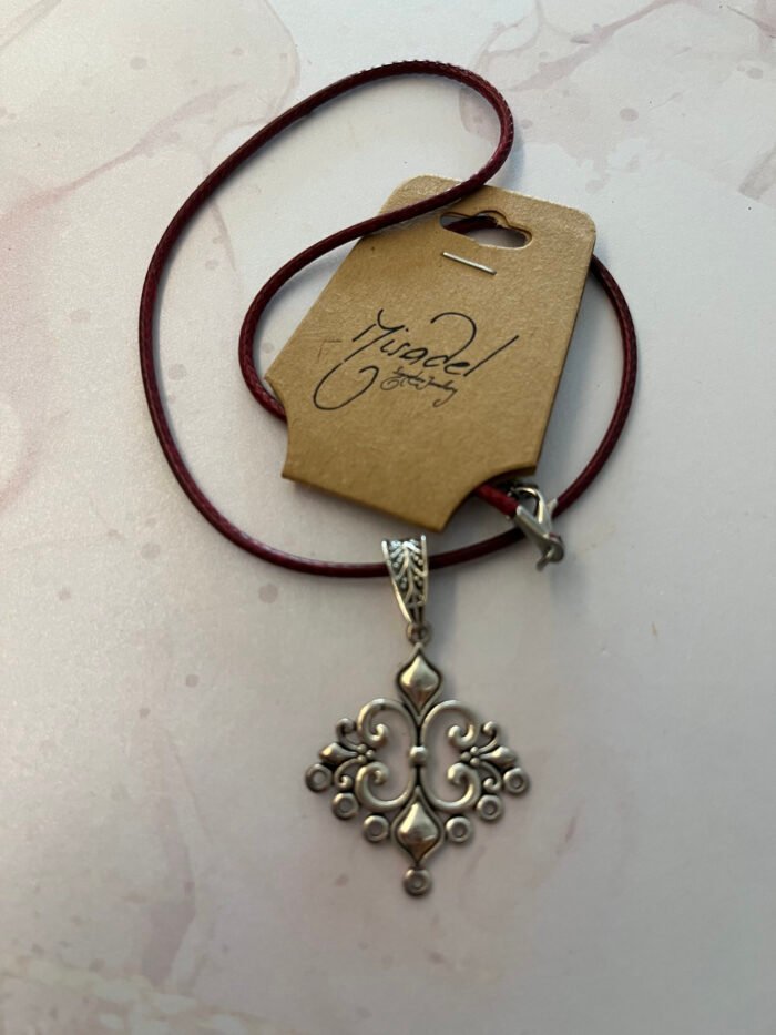 Necklace- Misa Rhombus Pendant- Silver with Maroon Cord Chain
