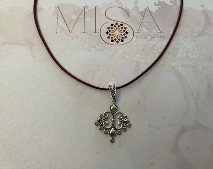 Necklace- Misa Rhombus Pendant- Silver with Maroon Cord Chain - Image 2