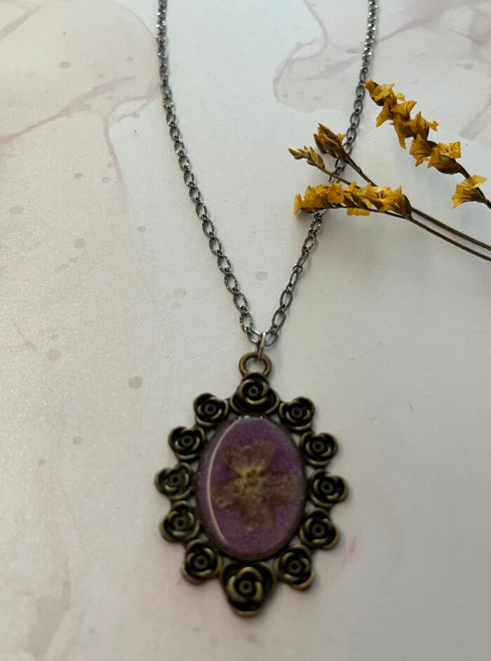 Necklace- Misa Achillea Pendant with Antique Link Chain- Shimmer Purple, Dried Purple flower - Image 2