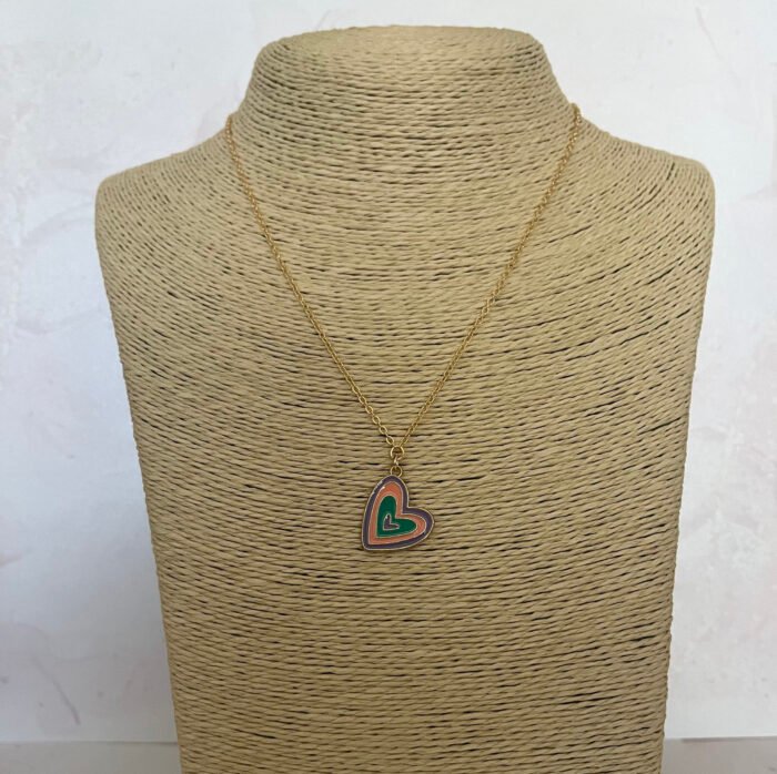 Necklace- Misa Groovy Heart Gold Enamel Pendant- Purple, Pink, Green with Gold Link Chain