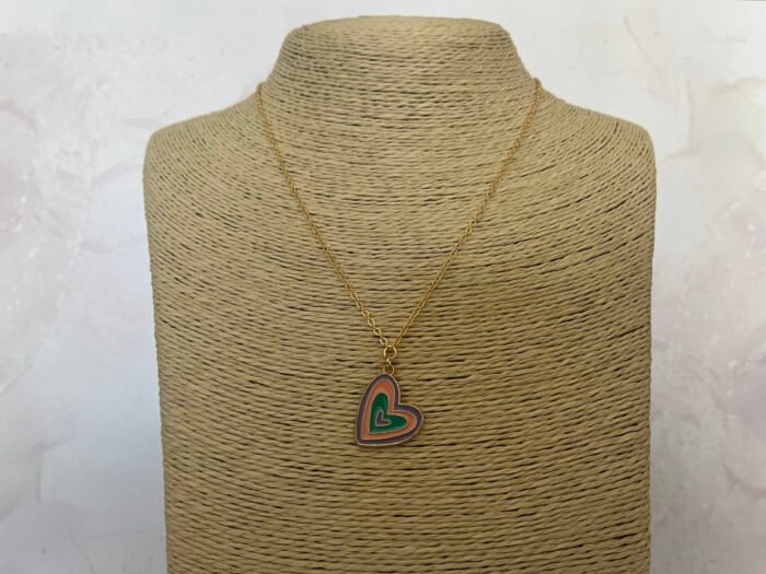 Necklace- Misa Groovy Heart Gold Enamel Pendant- Purple, Pink, Green with Gold Link Chain - Image 2