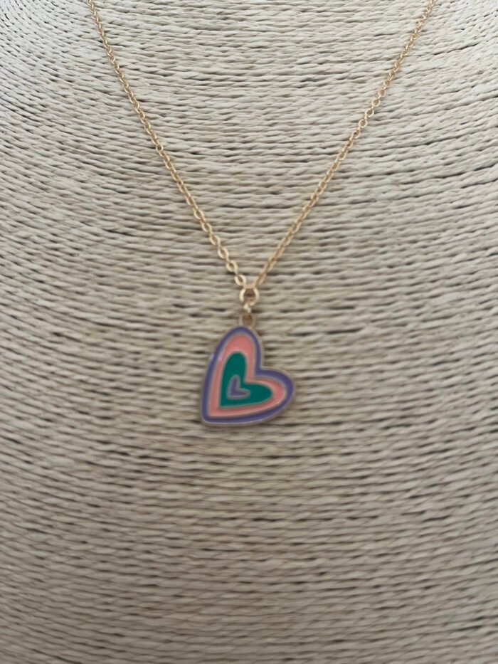 Necklace- Misa Groovy Heart Gold Enamel Pendant- Purple, Pink, Green with Gold Link Chain - Image 3