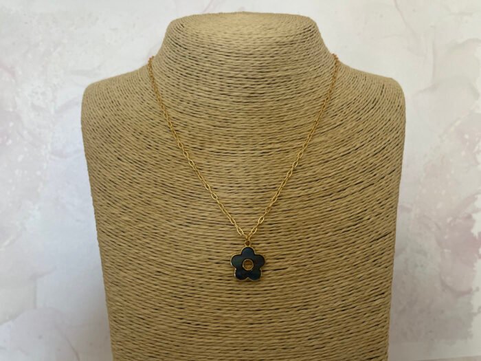 Necklace- Misa Floral Gold Pendant- Black Enamel with Gold Link Chain
