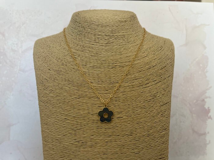 Necklace- Misa Floral Gold Pendant- Black Enamel with Gold Link Chain - Image 2