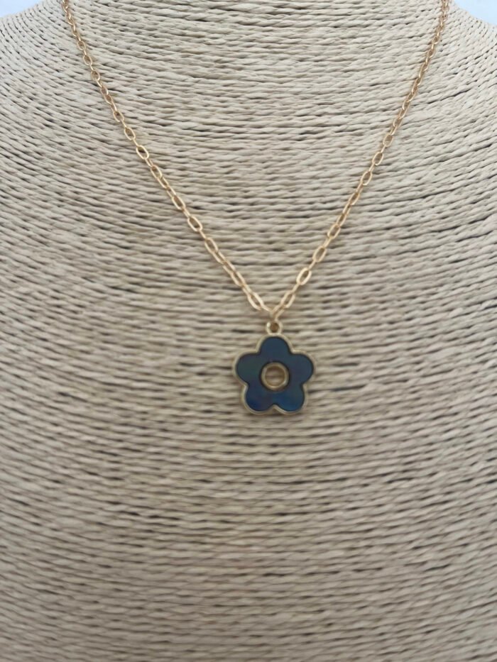 Necklace- Misa Floral Gold Pendant- Black Enamel with Gold Link Chain - Image 3