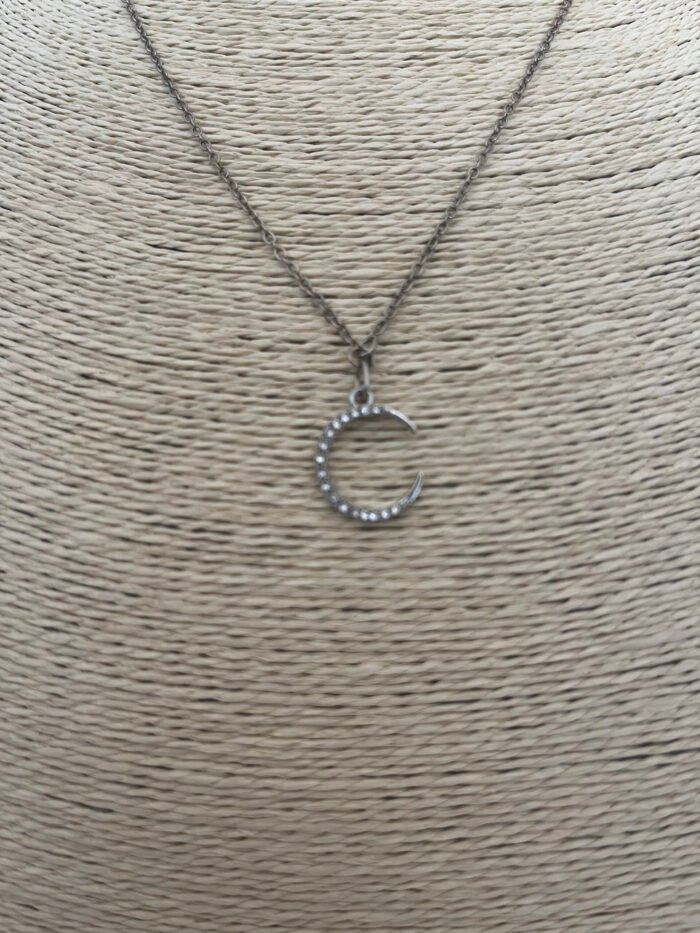 Necklace- Misa Crescent Diamond Silver Pendant with Silver Link Chain - Image 3